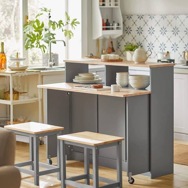 Køkkenø / skænk med skydelåger, udklappelig bordplade, køkkenskab, lys grå, 110 x 97 x 68 cm