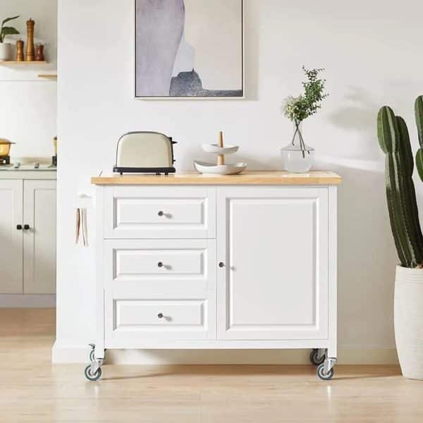 Køkkenvogn / køkkenø med hjul i skandinavisk stil, hvid og naturfarvet, 120x45x92cm
