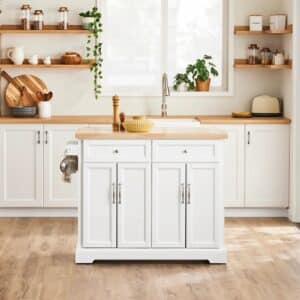 Den mobile køkkenø: køkkenvogn med hjul og udtrækkelig bordplade, D71 x B115 x H92 cm