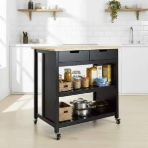 Køkkenø på Hjul med 2 Skuffer - 100x60x94 cm Sort | Hevea Træbordplade