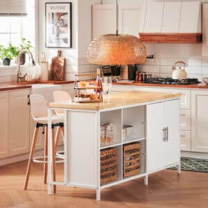 Rummelig køkkenø i skandinavisk stil, 170x60x89 cm, hvid med naturfarvet bordplade