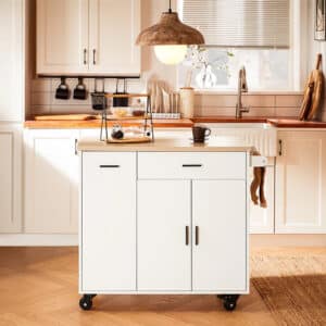 Smart køkkenø på hjul, hvid, skandi-stil, 105x46x92 cm