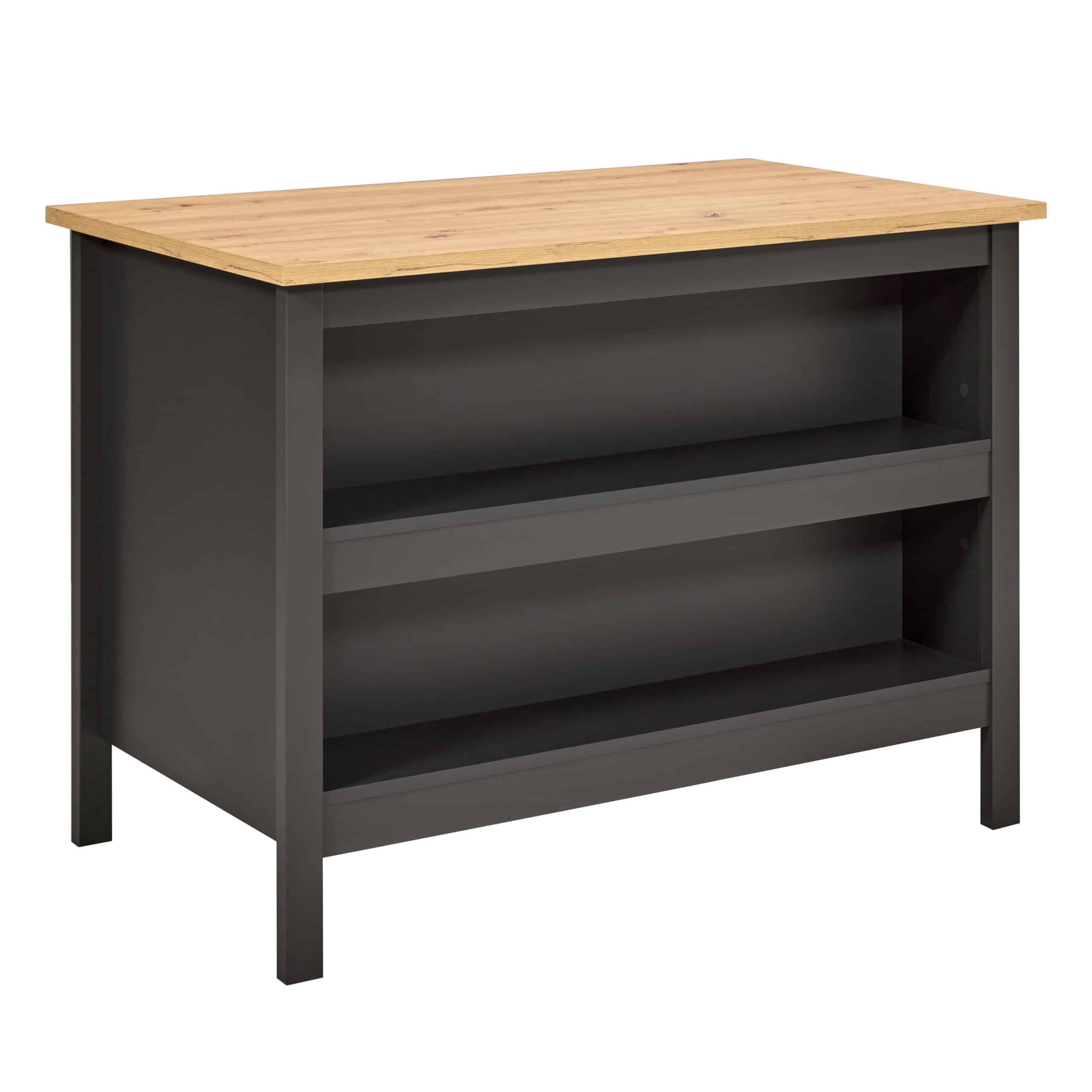 NORDIC LIVING COLLECTION Nellina køkkenø, m. 2 åbne hylder - antracitgrå og Artisan egefinish melamin (124x75)