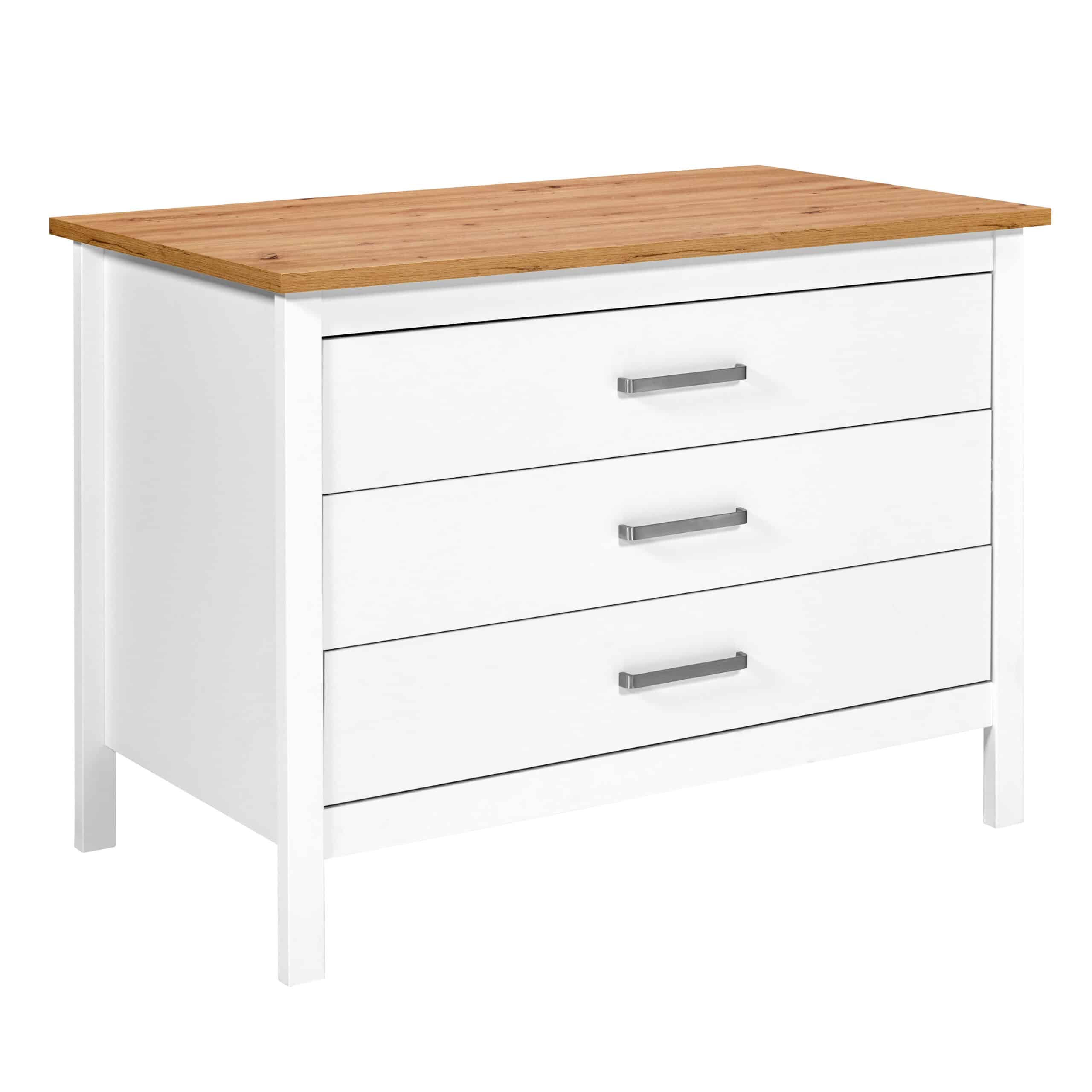 NORDIC LIVING COLLECTION Piazza Bianco 3S køkkenø, m. 2 åbne hylder, 3 skuffer - hvid og Artisan egefinish melamin (124x75)