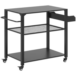 Udendørs køkkenø, grillvogn med opbevaringshylde, håndtag, 4 hjul, køkkenvogn, terrasse, have, metal, sort